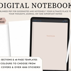 May include: Digital notebook for Goodnotes and Noteshelf. The image shows a tablet screen displaying a digital notebook with the word "Notebook" in the center. The notebook is beige with a white stylus next to it. There are 8 color options to choose from, including beige, taupe, cloudy, sand, blush, peony, clay, and sage. The image also shows 3 different page templates: lined, grid, and blank.