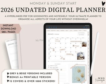 2026 Undated Digital Planner | Digital Life Planner | Interactive PDF Organiser for Goodnotes, Noteshelf | Hyperlinked PDF Calendar Planner