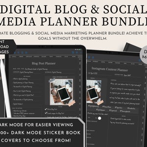 Dark Mode Digital Blog & Social Media Planner Bundle | Blog Post Planner, Social Media Content Planner | PDF for Goodnotes Noteshelf