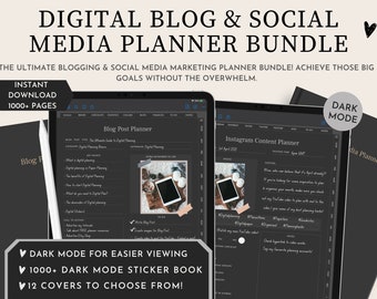 Dark Mode Digital Blog & Social Media Planner Bundle | Blog Post Planner, Social Media Content Planner | PDF for Goodnotes Noteshelf