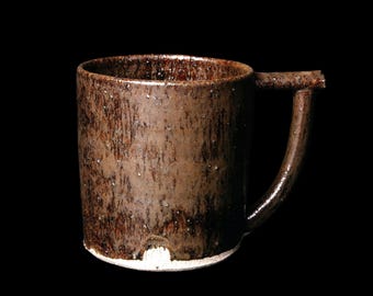 Handmade Woodfired Ceramic Mug: Wabi Sabi Coffee Cup, Temmoku Glaze