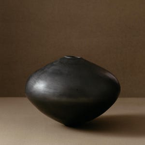 Peut inclure: Un vase en céramique noir mat de forme arrondie et bulbeuse. Le vase a une petite ouverture en haut et repose sur une surface neutre. La couleur sombre et le design simple lui confèrent une esthétique moderne et minimaliste.