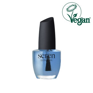 May include: A clear glass bottle of nail polish with a black cap and a black brush. The bottle has the text "seren LONDON" on the label. The bottle is labelled as vegan.