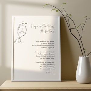 Emily Dickinson - Hope Is The Thing With Feathers Poem, Canvas, Framed Print, Bedroom , Living room, Bathroom, Wall Decor