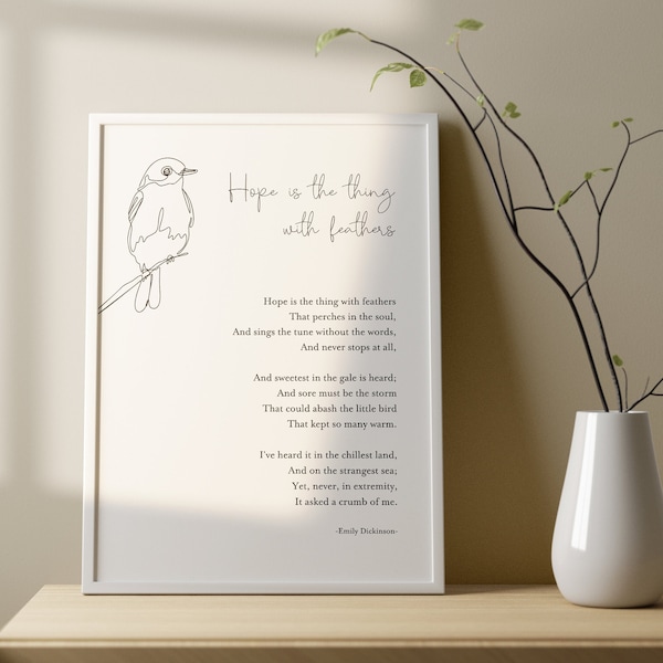 Emily Dickinson - Hope Is The Thing With Feathers Poem, Canvas, Framed Print, Bedroom , Living room, Bathroom, Wall Decor