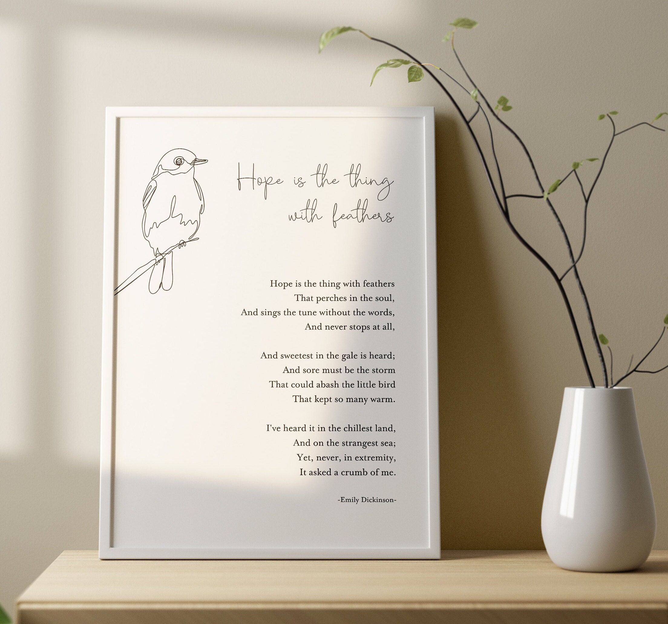 Emily Dickinson - Hope Is The Thing With Feathers Poem, Canvas, Framed Print, Bedroom , Living room, Bathroom, Wall Decor