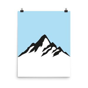 May include: A black silhouette of a mountain with snow on top against a light blue background.