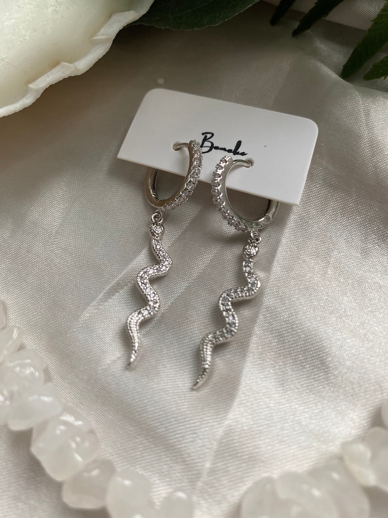 Platinum Plated Huggie Hoop Earrings with Cubic Zirconia Snake Charm