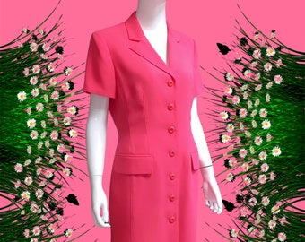Vintage 80er/90er Jahre Bubble Gum/Neon Pink Tailliertes Kleid mit Kragen. Größe US6, UK10, EU38. Frühling/Sommer Kleid