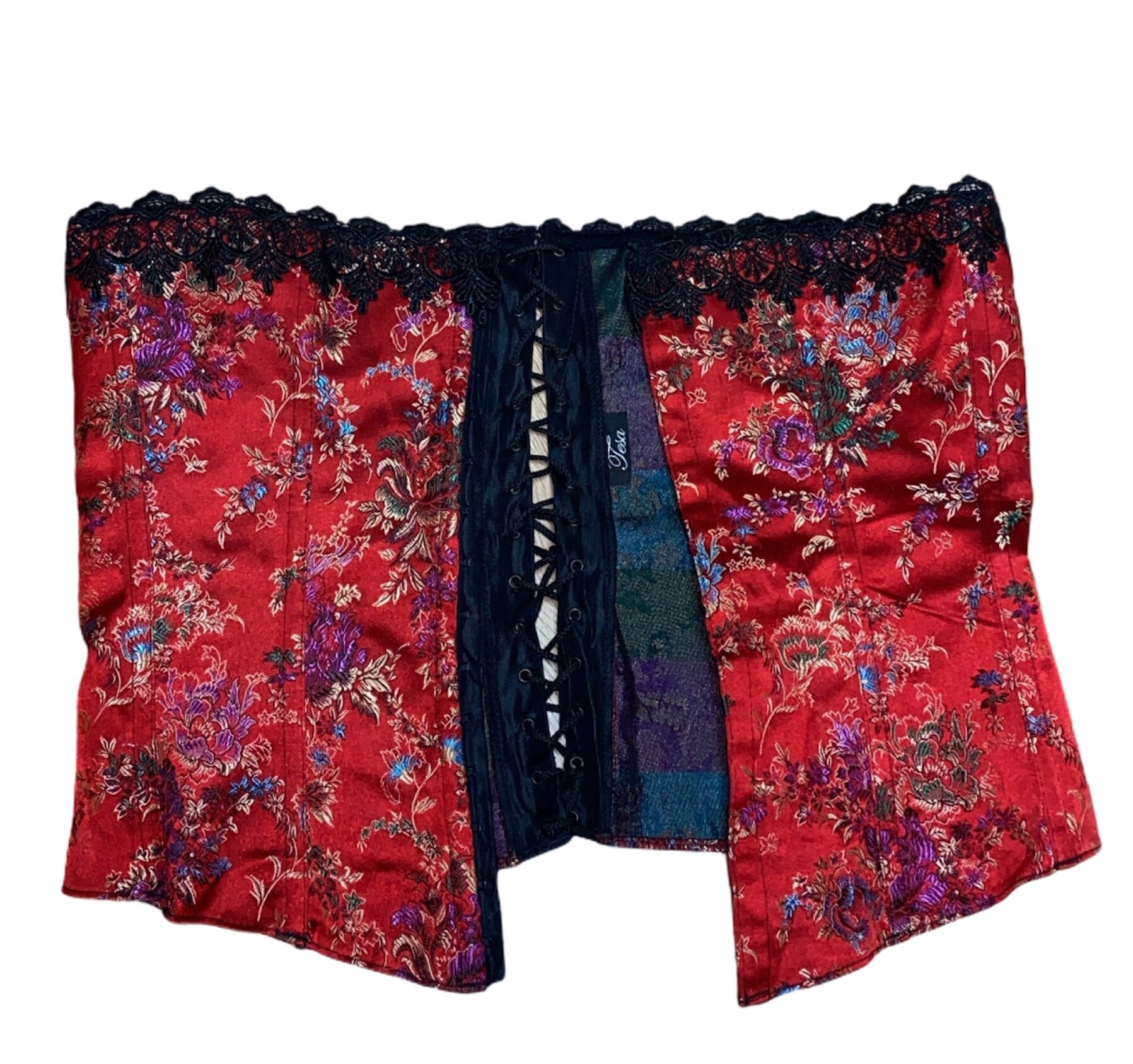 Vintage 1990s Red Oriental Floral Pattern Style Lace-up ...
