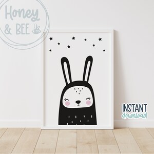 Bunny Printable | Instant Download | Scandinavian Style Print | Kid&#39;s Room Décor | Monochrome Nursery Décor | Rabbit
