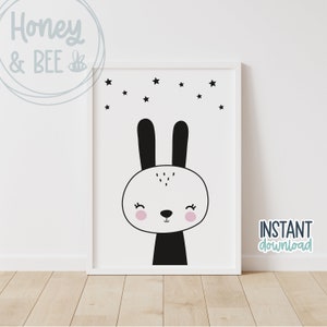 Bunny Printable | Instant Download | Scandinavian Style Print | Kid&#39;s Room Décor | Monochrome Nursery Décor | Rabbit
