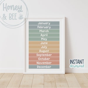 INSTANT DOWNLOAD | Months of the Year, Digital Download, Home School, Printable, Muted Colours, Scandi Style, Nursery Poster, Play Room