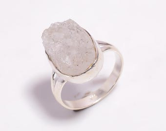 White Druzy Ring: Handmade 925 Sterling Silver, Gemstone Healing Jewelry