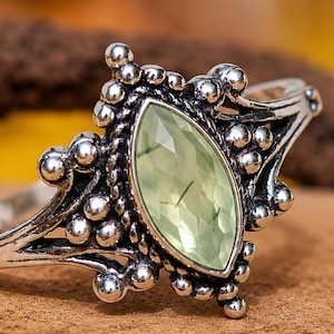 Vintage Style Prehnite Silver Ring, Handmade Sterling Silver Marquise Gemstone Rings, Elegant Boho Jewelry