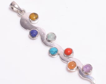 Colgante de chakras en plata de ley - Colgante redondo de 7 piedras