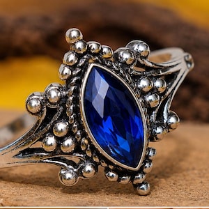 Blue Sapphire Marquise Cut Silver Ring, Vintage Boho Statement Jewelry Gift for Women