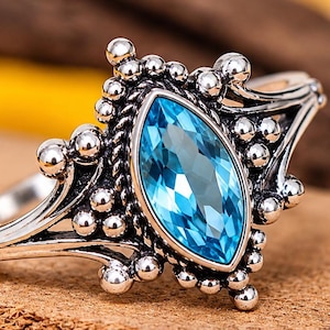 AAAQuality Blue Topaz Marquise Cut Silver Ring Vintage Boho Statement Jewelry Gift for Women