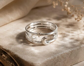 Silver Moon & Star Ring |Adjustable Silver Rings Boho Night Sky Band Minimalist Cosmic Jewelry