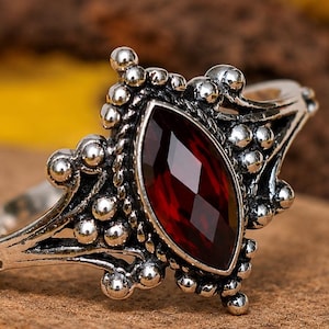 Handmade Garnet Marquise Cut Sterling Silver Ring Vintage Boho Garnet Gemstone Gift for Women