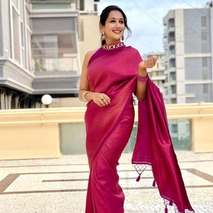 Ropa Ropa para mujer Hermoso rosa indio vintage Púrpura y oro Seda Pura Sari 