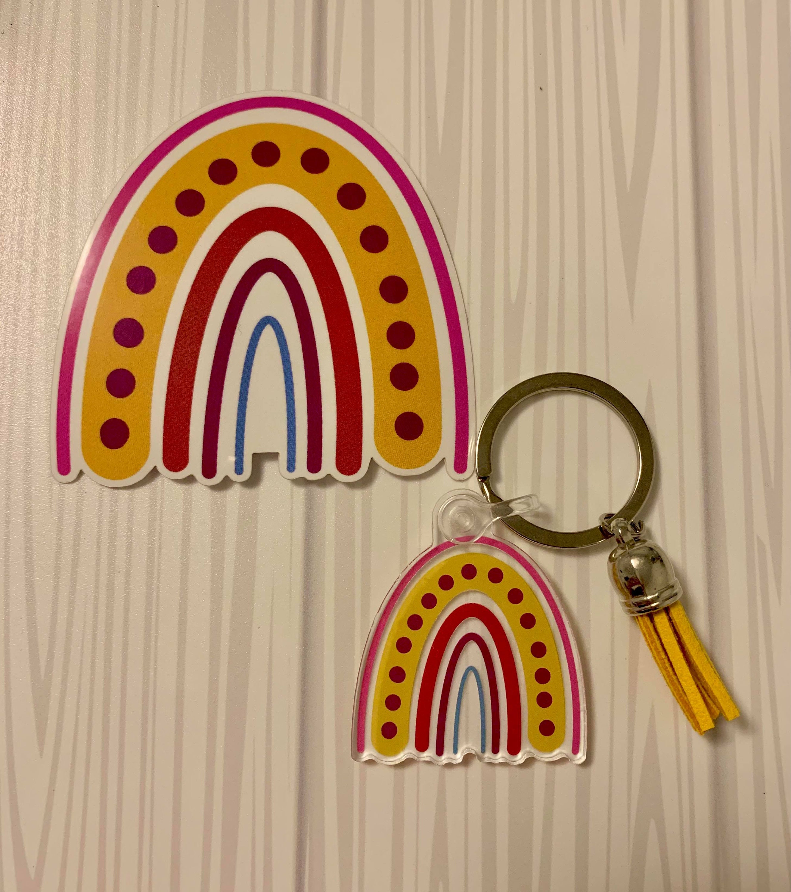 Rainbow Keychain With Tassel and Sticker Combo Etsy