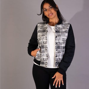 Patterned college jacket made from organic cotton for women