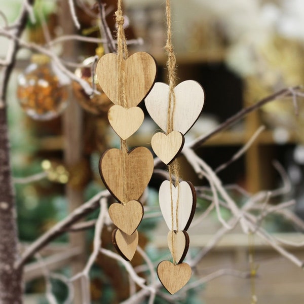 Wooden Hanging Cluster Heart Hangers with Neutral Tones and Added Rustic Charm/Hanging Hearts