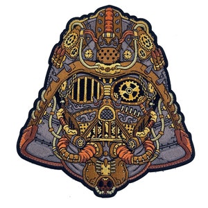 May include: A steampunk-style Darth Vader helmet patch with intricate details in gold, brown, and gray. The helmet features gears, pipes, and other mechanical elements.