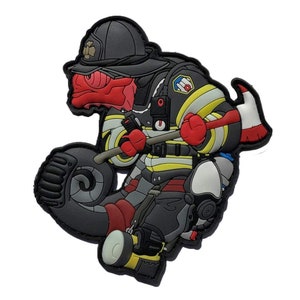 May include: A cartoon-style patch featuring a firefighter in full gear, including a helmet, axe, and breathing apparatus. The design incorporates red, black, gray, and yellow colors. The firefighter is depicted in a dynamic pose, suggesting action and readiness.