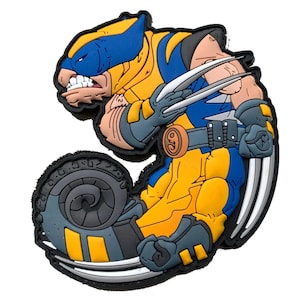 May include: A colorful, cartoon-style image of Wolverine, a character from the X-Men. The figure is in a dynamic pose, with his claws extended. The design features yellow, blue, gray, and black colors, with a detailed, textured appearance.