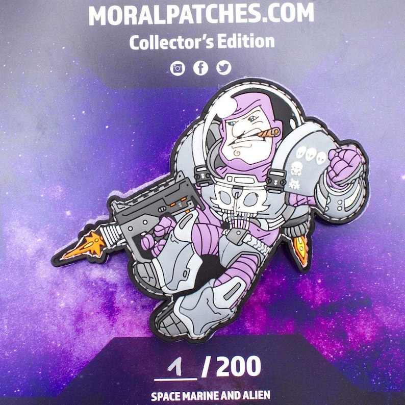 May include: A purple and gray space marine character with a skull-patterned suit, holding a gun and smoking a cigar. The character is wearing a helmet and has a determined expression. The image is part of a collector's edition series and is numbered 1/200. The text "SPACE MARINE AND ALIEN" is also visible.