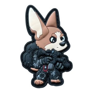 May include: A brown and white cartoon dog wearing a black tactical suit and holding a gun. The dog is wearing a backpack and has a serious expression on its face.