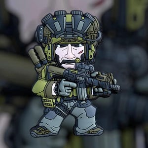 May include: A green and black cartoon soldier figurine wearing a helmet and holding a rifle. The figurine is made of rubber and has a detailed design.