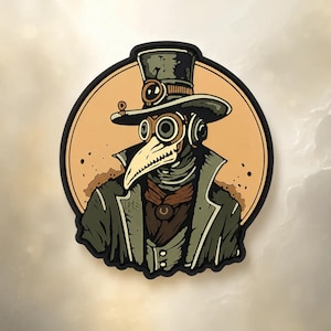 May include: A circular sticker featuring a plague doctor illustration. The figure wears a dark green coat, a matching top hat with a small lens, and a long bird-like beak mask with round goggles. The background is a solid light orange circle.