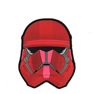 May include: A red and black Star Wars Stormtrooper helmet with a detailed design.