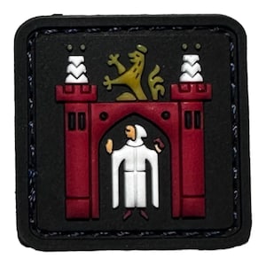 May include: A black square patch featuring a heraldic design. The design includes a red gate with white towers, a yellow lion, and a figure in white robes. The patch has a stitched border.