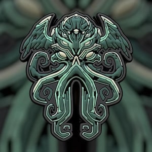 May include: A green and black detailed illustration of a Cthulhu-like creature with tentacles and wings. The creature has a large head with a menacing expression.