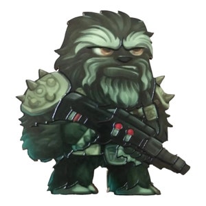 May include: A stylized illustration of a furry, humanoid creature in shades of green and black, holding a black rifle. The character has a stern expression and wears armor with spiked shoulder pads. The image is set against a white background.