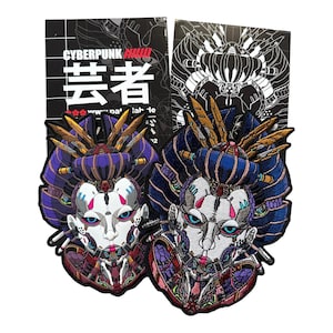 May include: Two embroidered patches featuring cyberpunk-style geisha with intricate details. The patches are purple, blue, white, and gold with a black background. The text "CYBERPUNK H4W" is visible on the background.