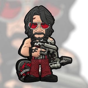 May include: A cartoon-style figure with black hair, red sunglasses, and a beard, holding a gun and a guitar. The figure wears a black vest, red pants, and black boots. A tattoo is visible on the left arm. The guitar has a red flame design.