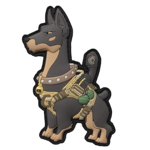 May include: A cartoon Doberman Pinscher, black and brown, wearing a tactical vest with a green pouch and a black camera. The dog is wearing a gold collar with a tag that says "KO".