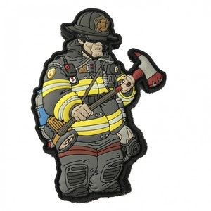 May include: A cartoon firefighter patch with a yellow and black striped uniform, a red and white axe, and a blue and black air tank. The firefighter is wearing a black helmet with a red and white badge.