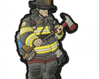 May include: A cartoon firefighter patch with a yellow and black striped uniform, a red and white axe, and a blue and black air tank. The firefighter is wearing a black helmet with a red and white badge.