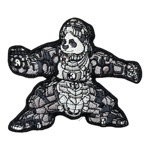 May include: Embroidered patch featuring a panda bear in a robotic suit. The patch is primarily black, gray, and white, with detailed stitching. The panda's face is visible, and the design includes mechanical elements. The patch is in a standing pose.