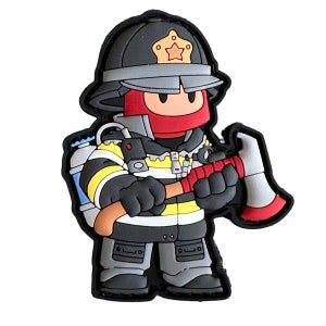 May include: A cartoon-style firefighter figure in a black helmet with a gold star, red face covering, and gray pants. The firefighter is holding a red and silver axe. The figure has a black outline and is wearing a black and yellow striped jacket.