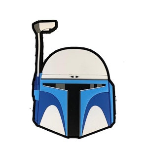 May include: A blue and white Star Wars Mandalorian helmet with a black visor. The helmet has a raised antenna on top.