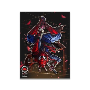 Op de afbeelding: Een ingelijste kunstdruk met Spider-Man in een dynamische pose, gekleed in een rood en blauw pak met een op samurai geïnspireerd ontwerp. Het kunstwerk heeft een donkere achtergrond met rode bloemblaadjes en de tekst "SVN Art" en "Pinfessor".