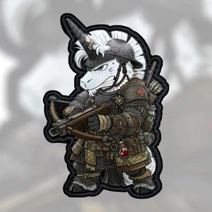 May include: A patch featuring a cartoon unicorn warrior in armor, holding a crossbow. The unicorn has a white mane and horn, wearing a helmet and carrying a backpack with a red cross. The patch has a black border.
