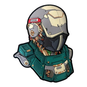 Puede incluir: Un parche detallado con un diseño de cyborg futurista. El parche muestra un casco y una armadura de pecho en tonos grises, verde azulado y beige, con intrincados detalles mecánicos y un acento rojo. El diseño tiene un efecto 3D.